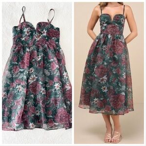 Lulu's Green Floral Midi Dress with Pink Roses